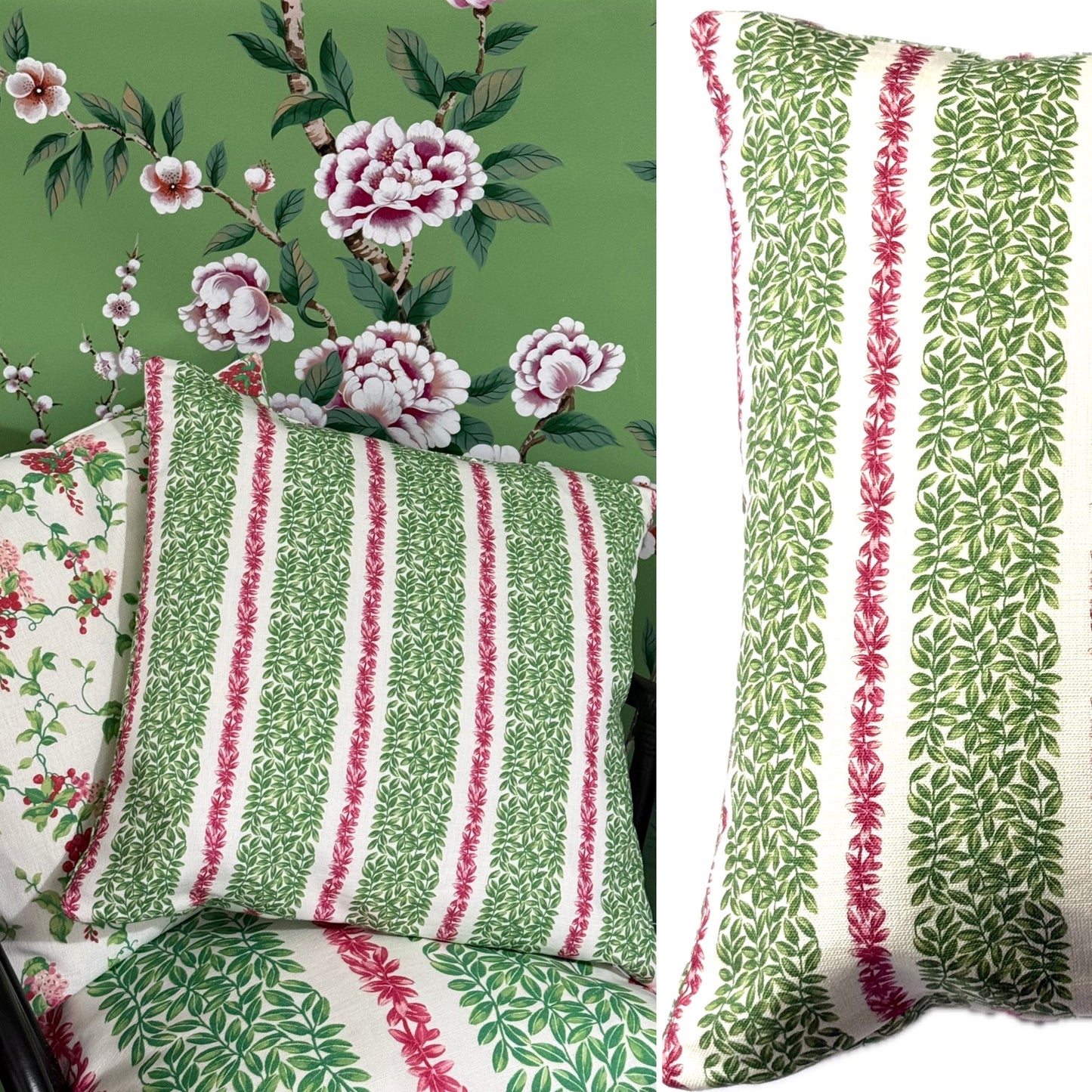 Small Leaf Stripe Cushion Cover in Red and Green