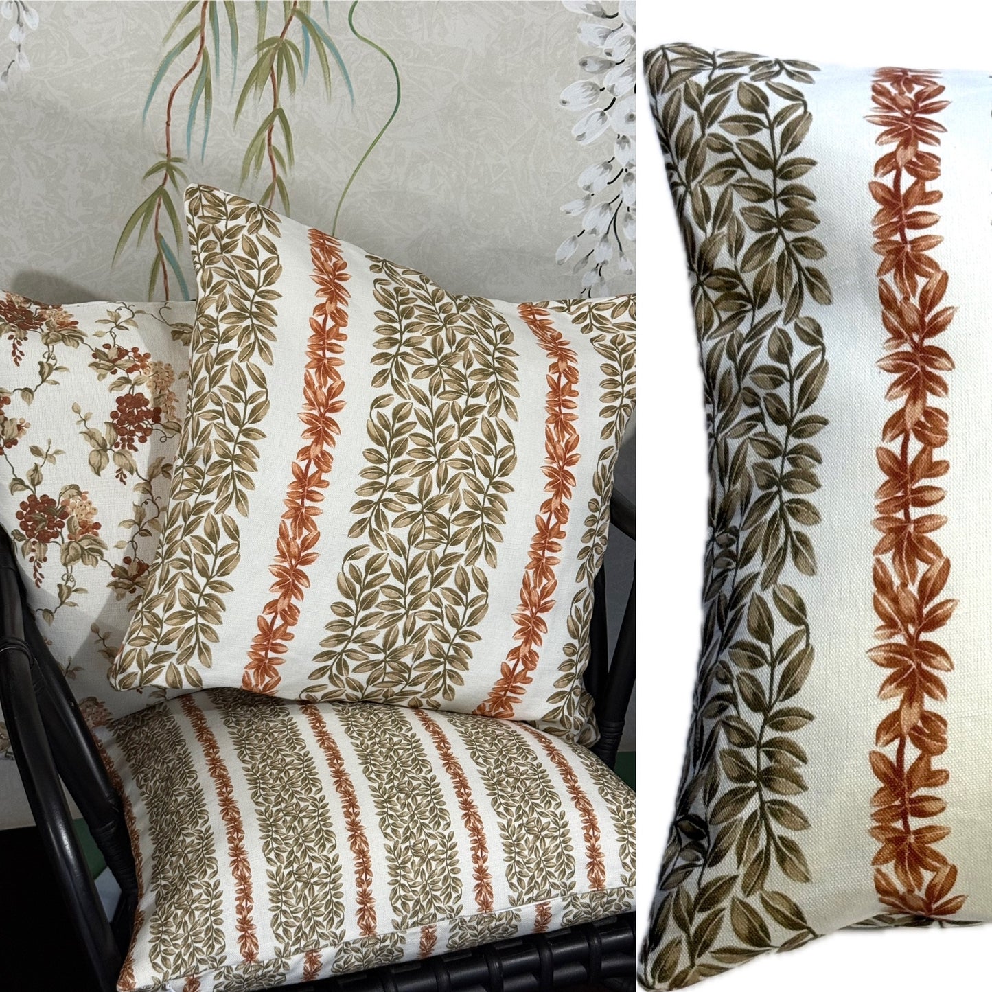 Large Leaf Stripe Cushion Cover in Rust and Beige