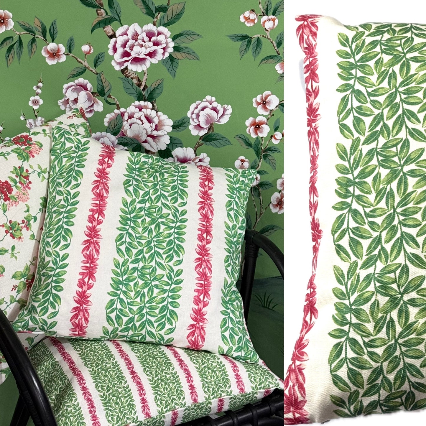 Large Leaf Stripe Cushion Cover in Red and Green