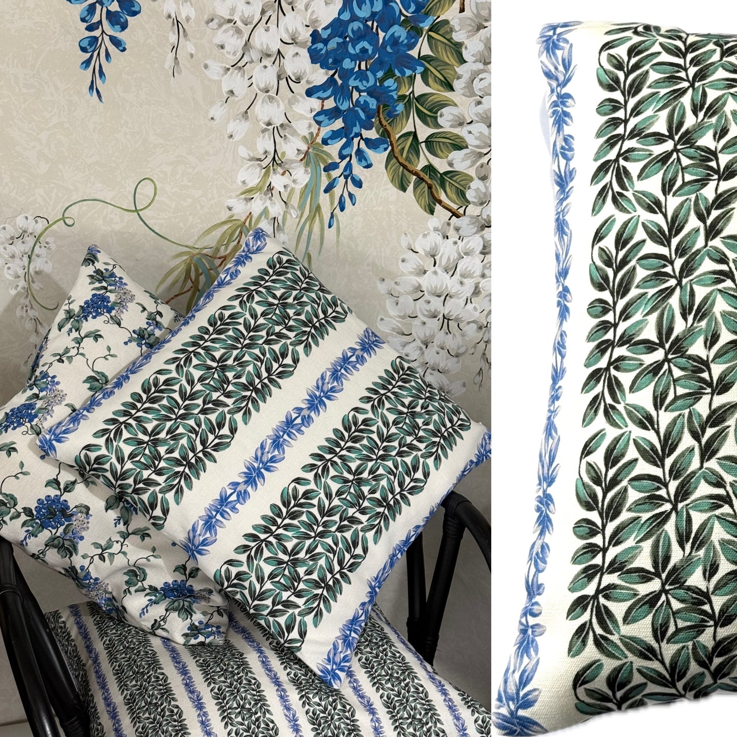 Large Leaf Stripe cushion Cover in Blue and Green