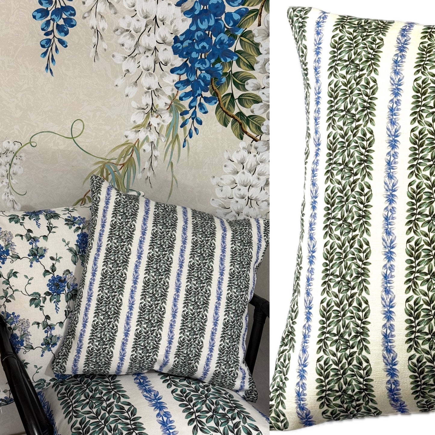 Small Leaf Stripe Cushion Cover in Blue and Green