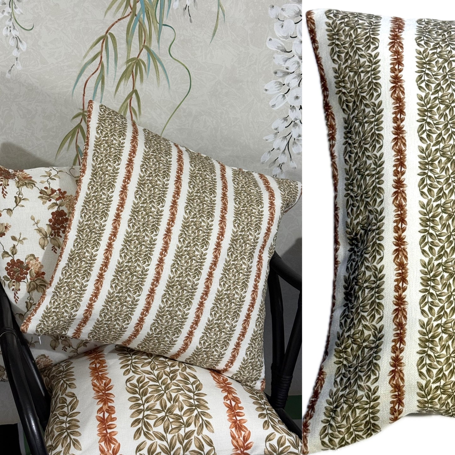 Small Leaf Stripe Cushion Cover in Rust and Beige