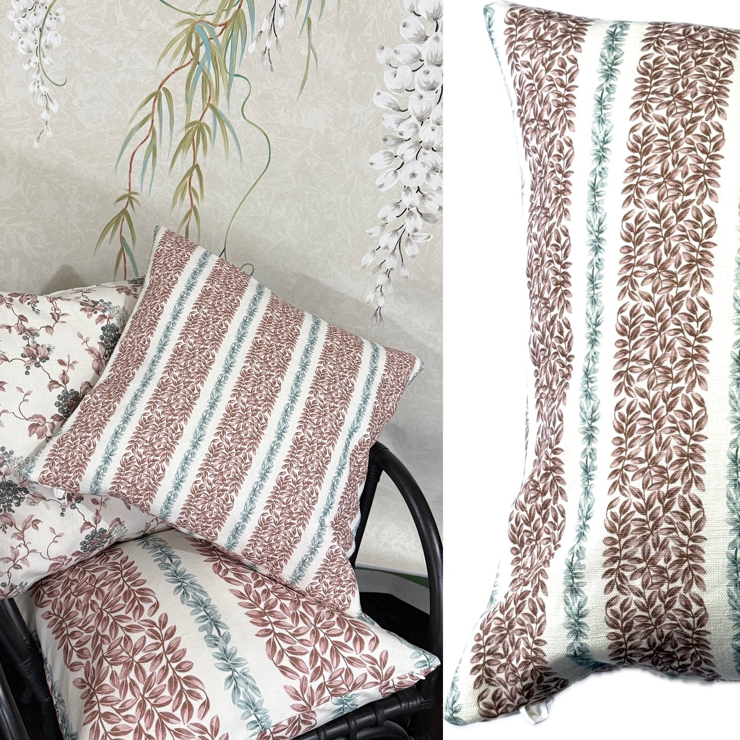 Small Leaf Stripe Cushion Cover in Grey and Pink