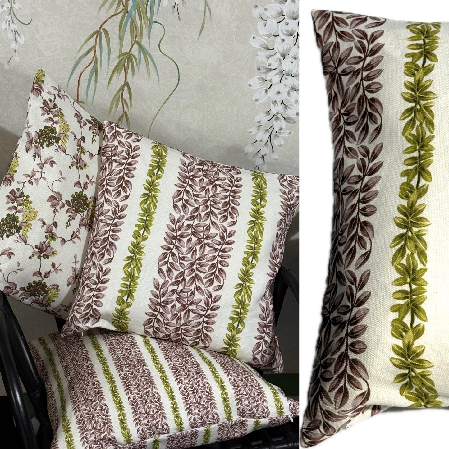 Large Leaf Stripe Cushion Cover in Olive and Mauve Pink