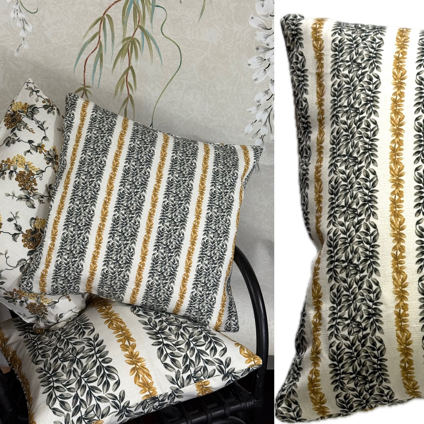 Small Leaf Stripe Cushion Cover in Gold and Grey