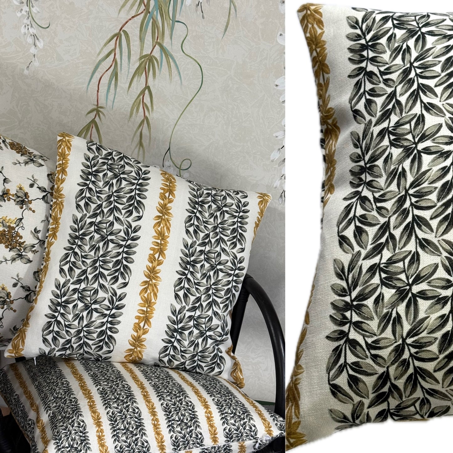 Large Leaf Stripe Cushion Cover in Gold and Grey