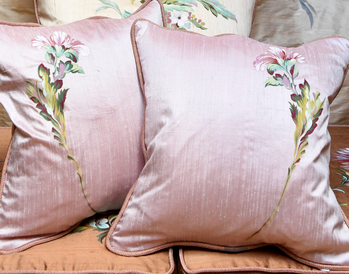 Chateau Peony, artisan hand painted set of two small pink silk cushion covers