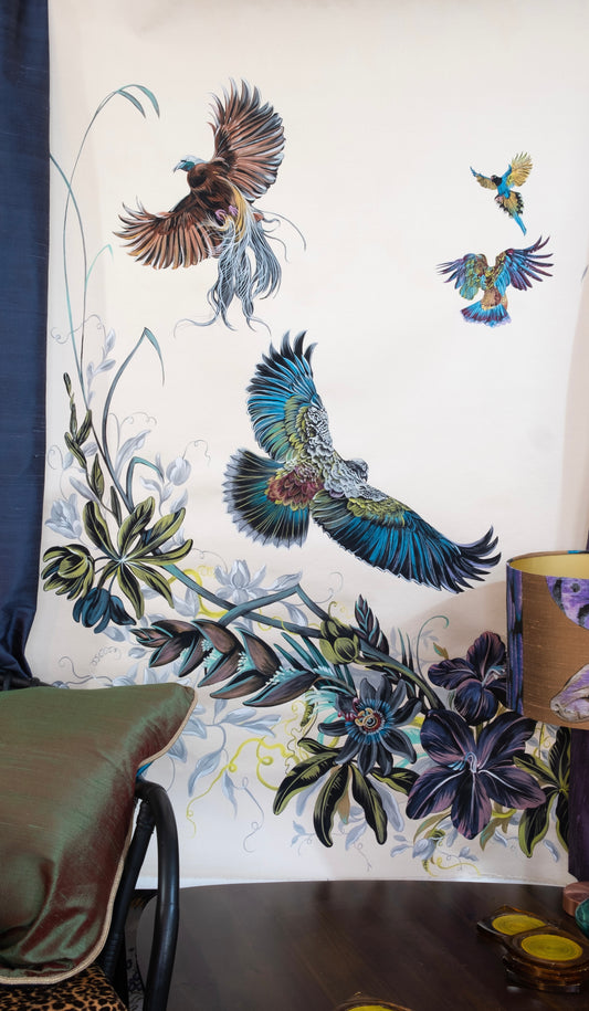 Hand painted silk wallpaper panel. Bird of paradise and Passion Flower