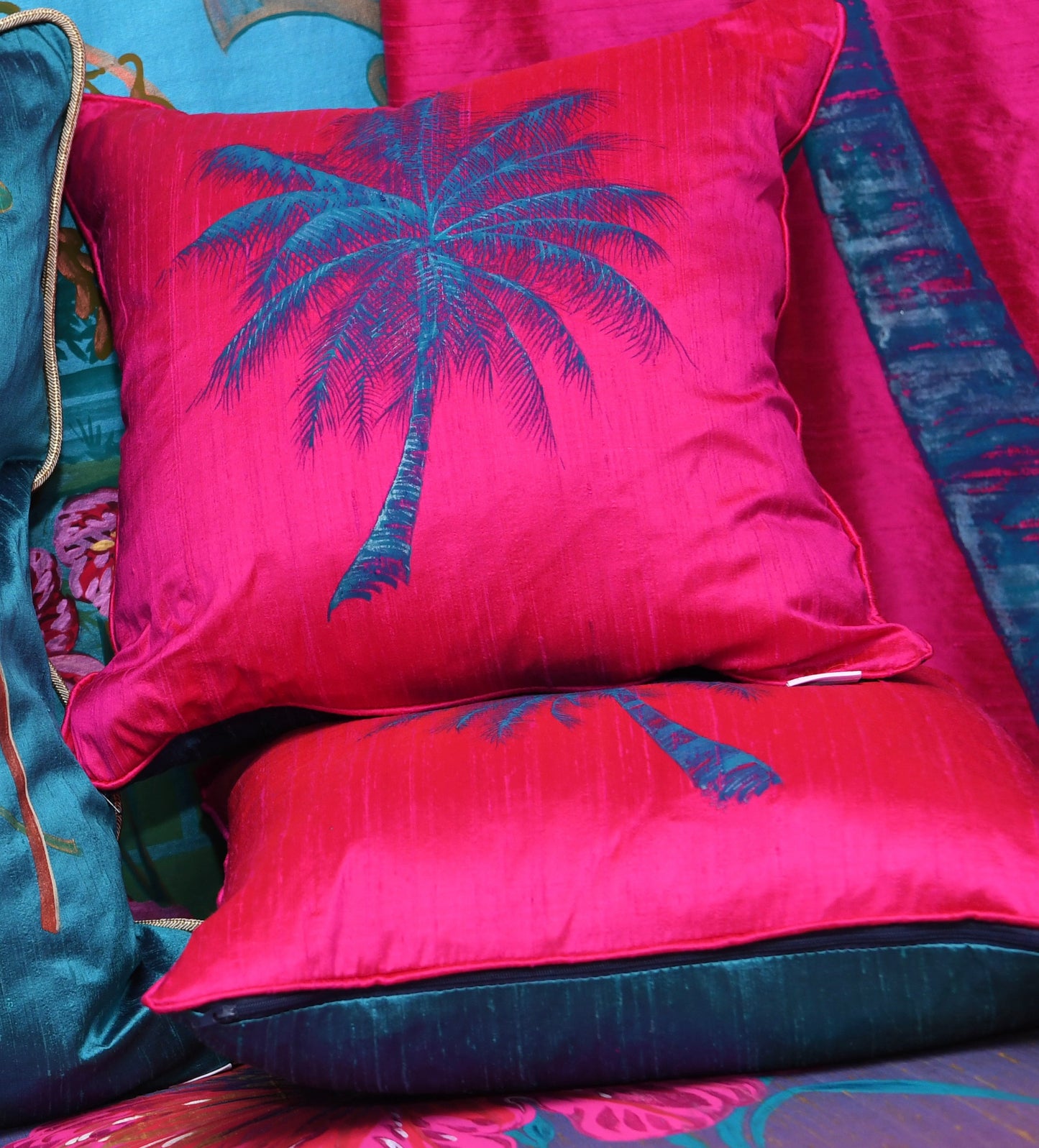 Hot pink tropical palms, artisan hand painted set of two small silk cushion covers. Price for both covers