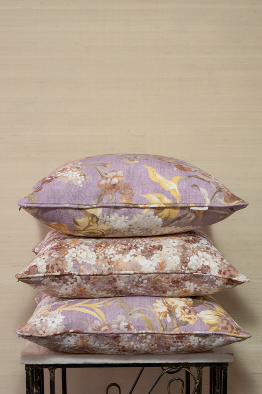 Joy Blossom in Autumn Violet. Premium Irish Linen. 18" complete with Luxury Feather Filling