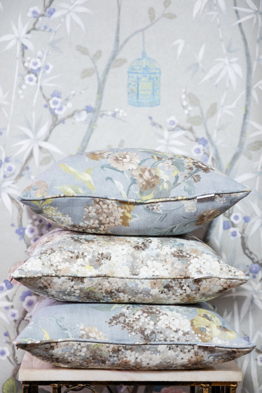 Blossom Cushion in Silver Grey. Premium Irish Linen, 18" complete with luxury Feather filling