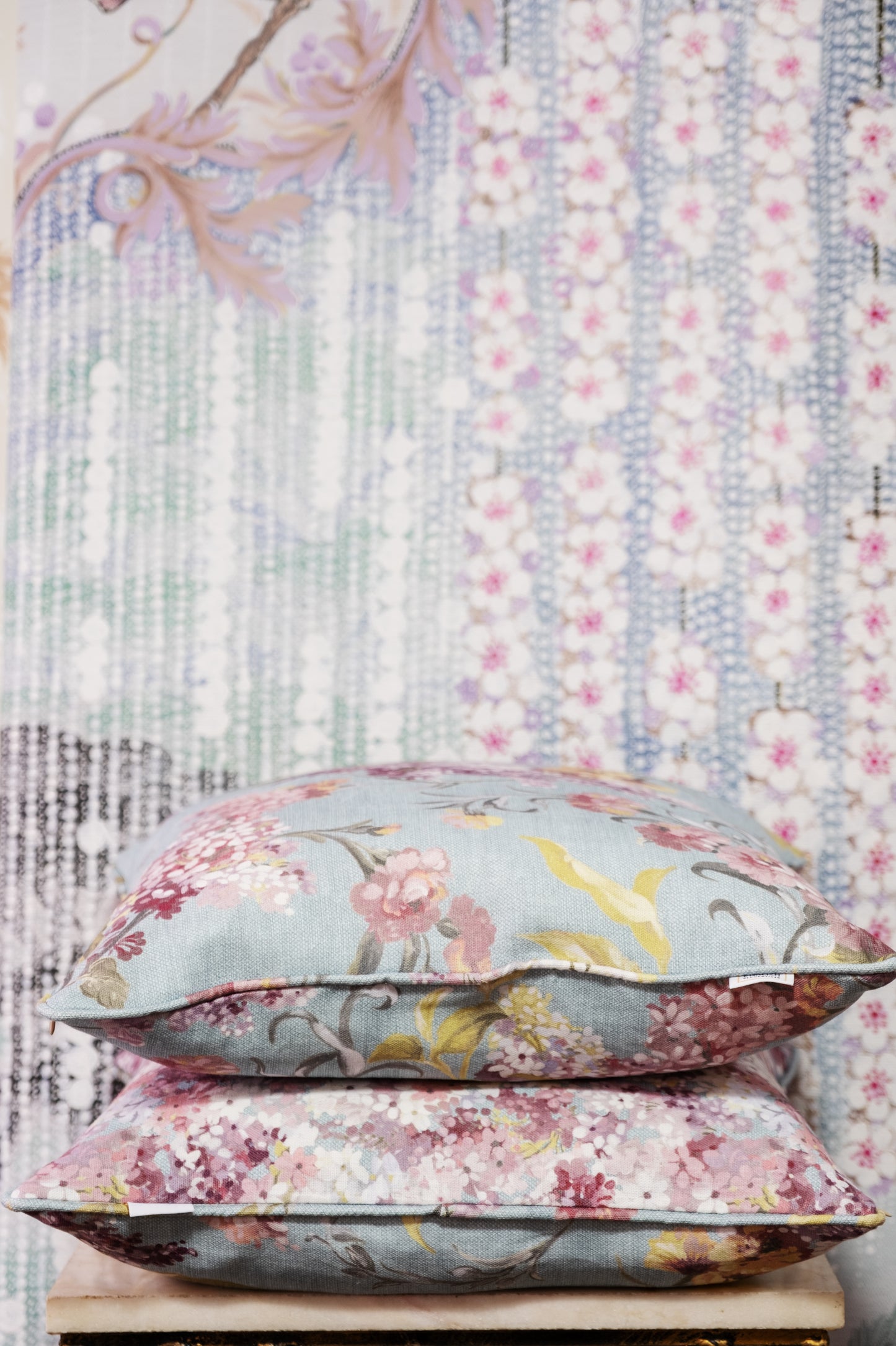 Joy and Blossom Reversible cushion in Summer Breeze Blue. Premium Irish Linen. 18", complete with Luxury Feather filling