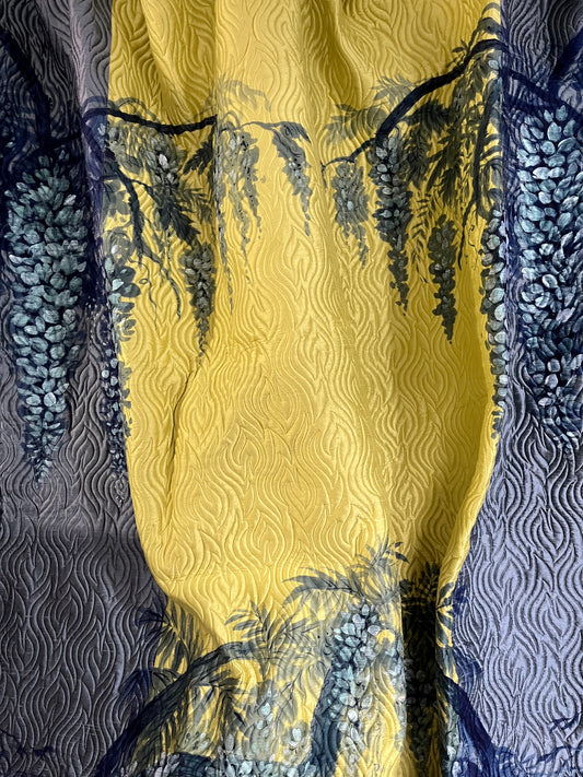 Fuji Wisteria, A pair of hand painted, quilted and silver embellished silk panels. As bed throws or wallhangings