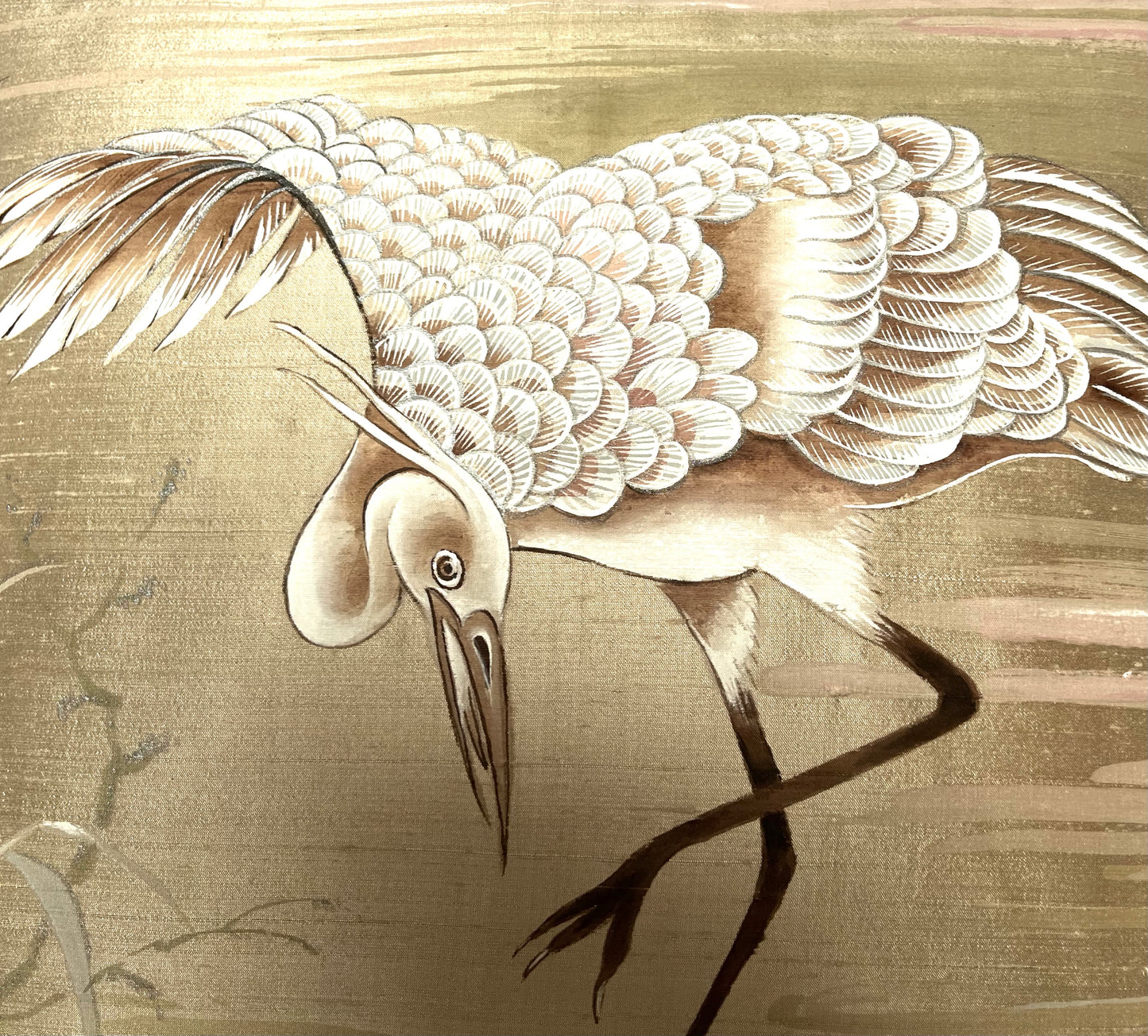 New! Golden Crane Artisan hand painted small silk cushion with feather inner