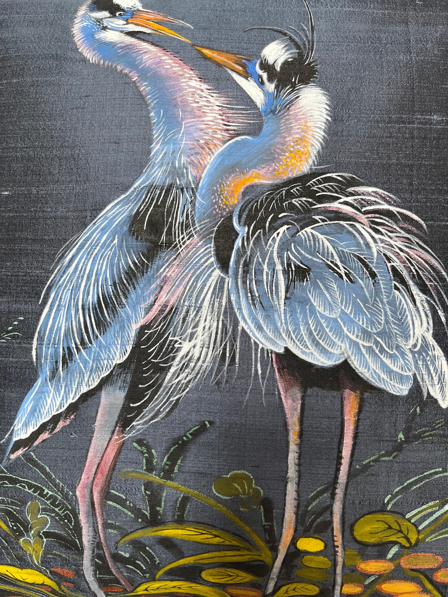 New! Indigo Heron artisan hand painted small silk cushion with feather inner