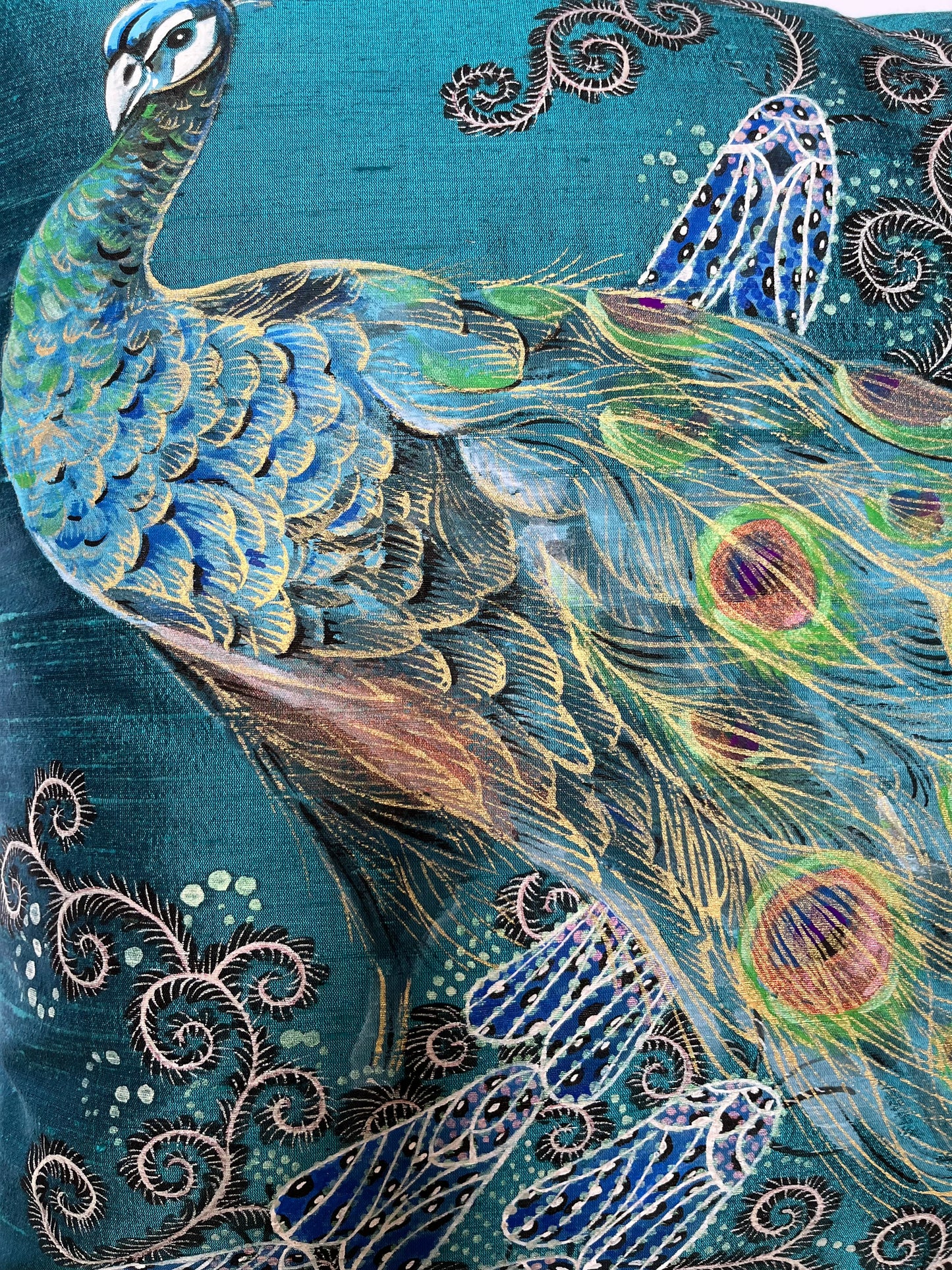 Peacock artisan hand painted small silk cushion with feather inner