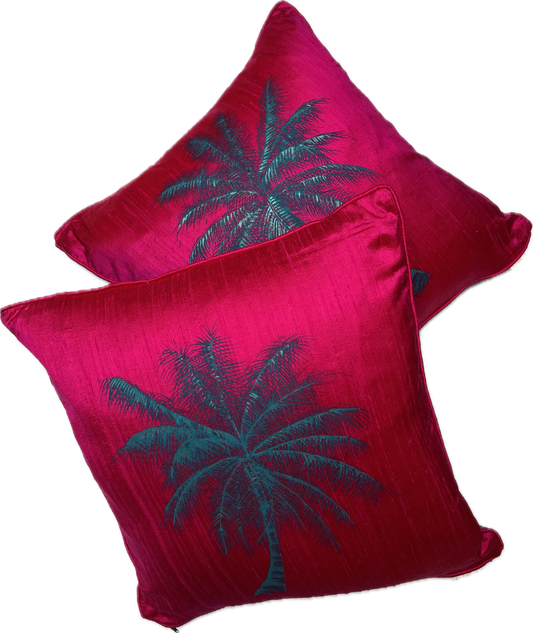 Hot pink tropical palms, artisan hand painted set of two small silk cushion covers. Price for both covers