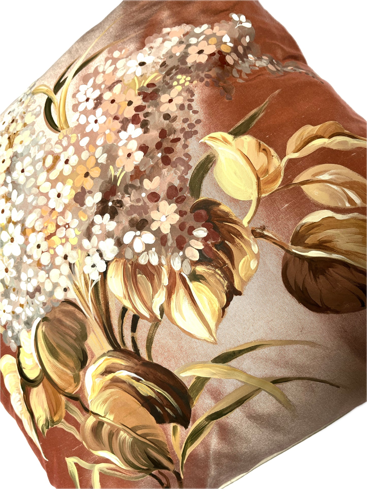 New! Lilac flowers, artisan hand painted small pink silk cushion with feather inner