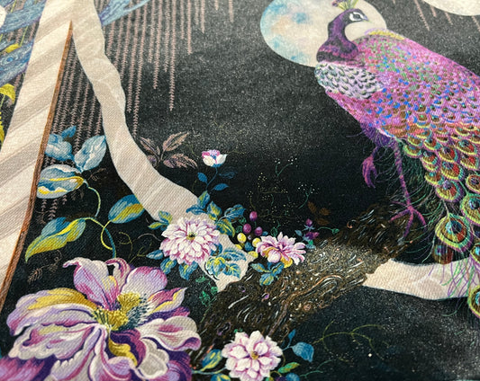Nocturnal Peacock, Highly decorative printed velvet cushion cover. Multi colours on a black background.