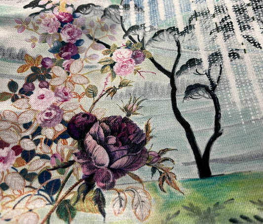 Josephine, Highly decorative printed velvet cushion cover. Multi colours on a duck egg blue background.