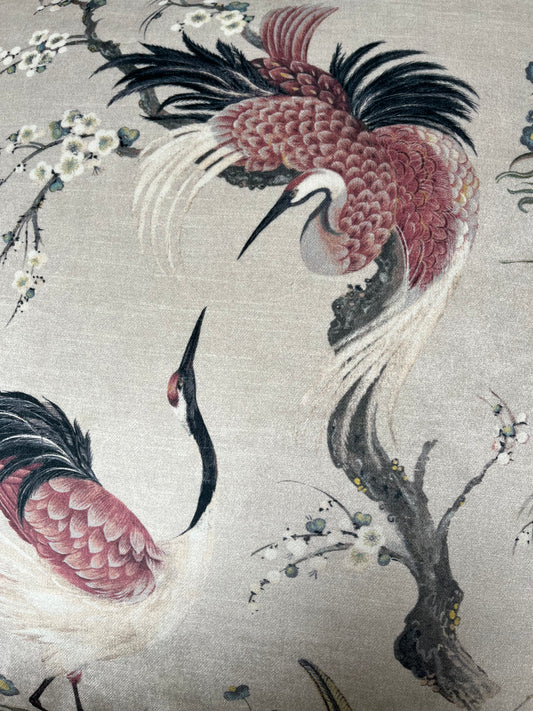 Mamoritai, Extra large cushion cover in mushroom and red printed on velvet. Crane birds in a Chinoiserie style.