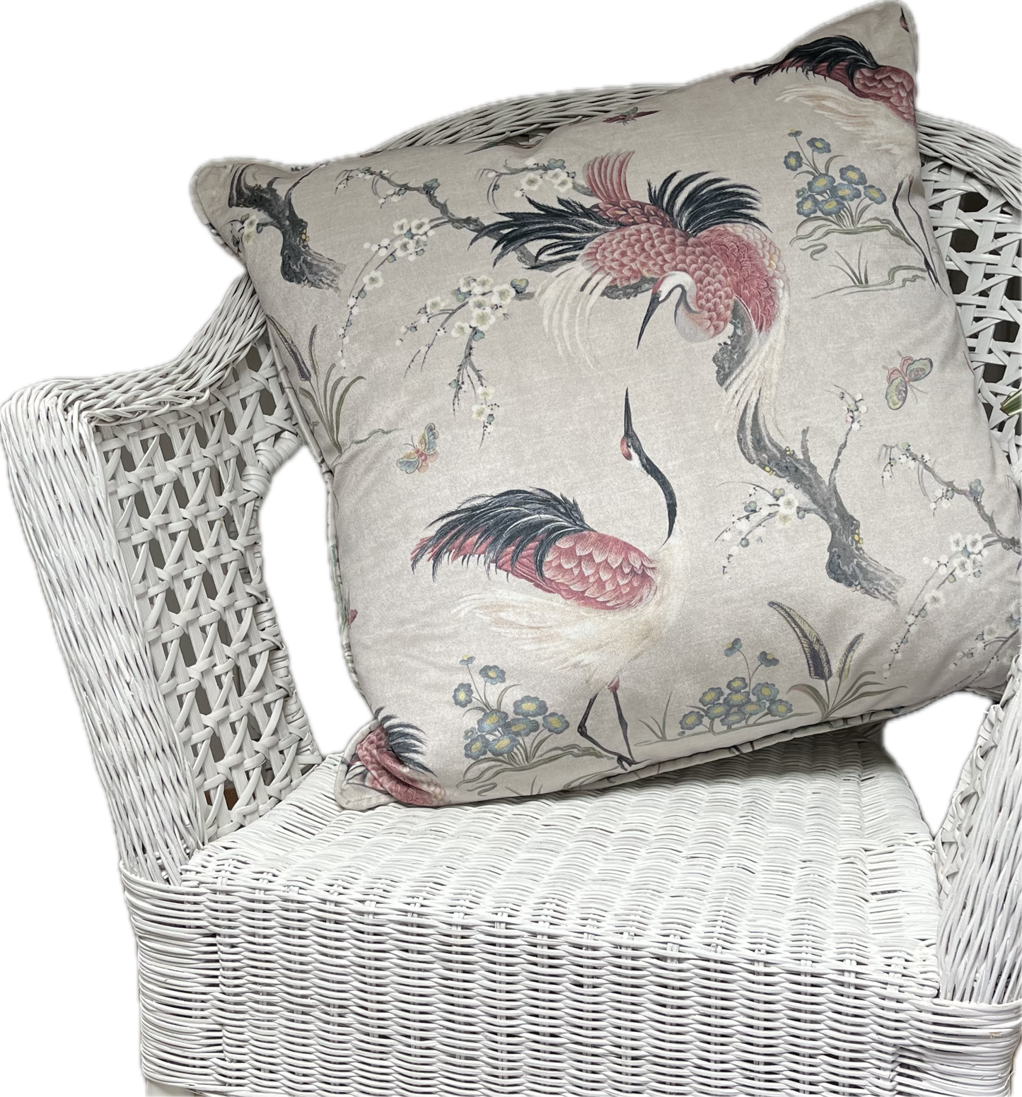 Mamoritai, Extra large cushion cover in mushroom and red printed on velvet. Crane birds in a Chinoiserie style.