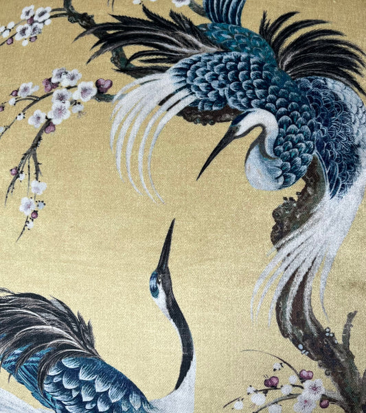 Mamoritai, Extra large cushion cover in buttermilk and blue printed on velvet. Crane birds in the Chinoiserie style.