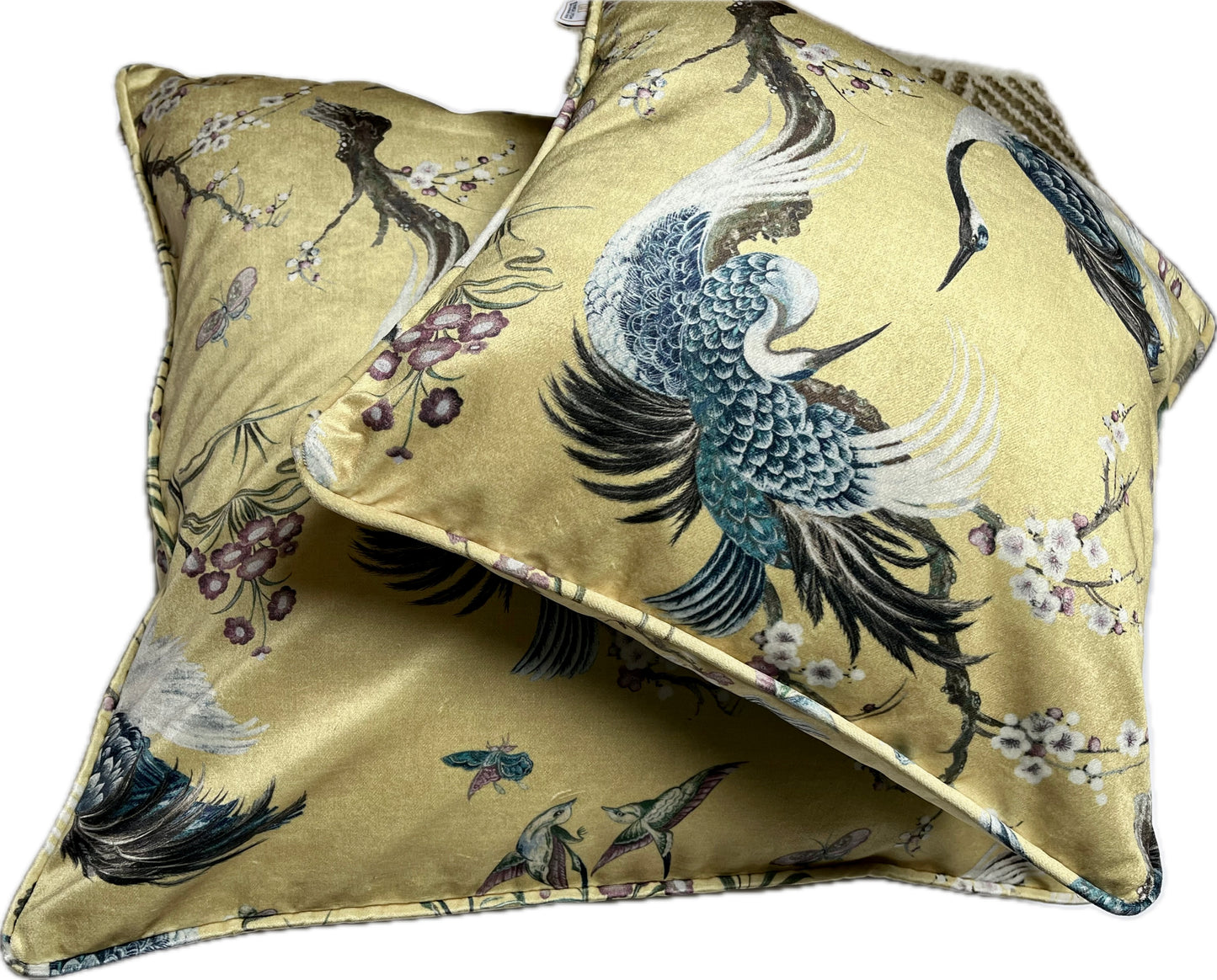 Mamoritai, Extra large cushion cover in buttermilk and blue printed on velvet. Crane birds in the Chinoiserie style.