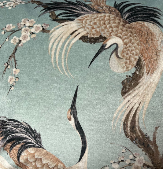 Mamoritai, small cushion cover in Duck egg blue and sand printed on velvet. Crane birds in the chinoiserie style