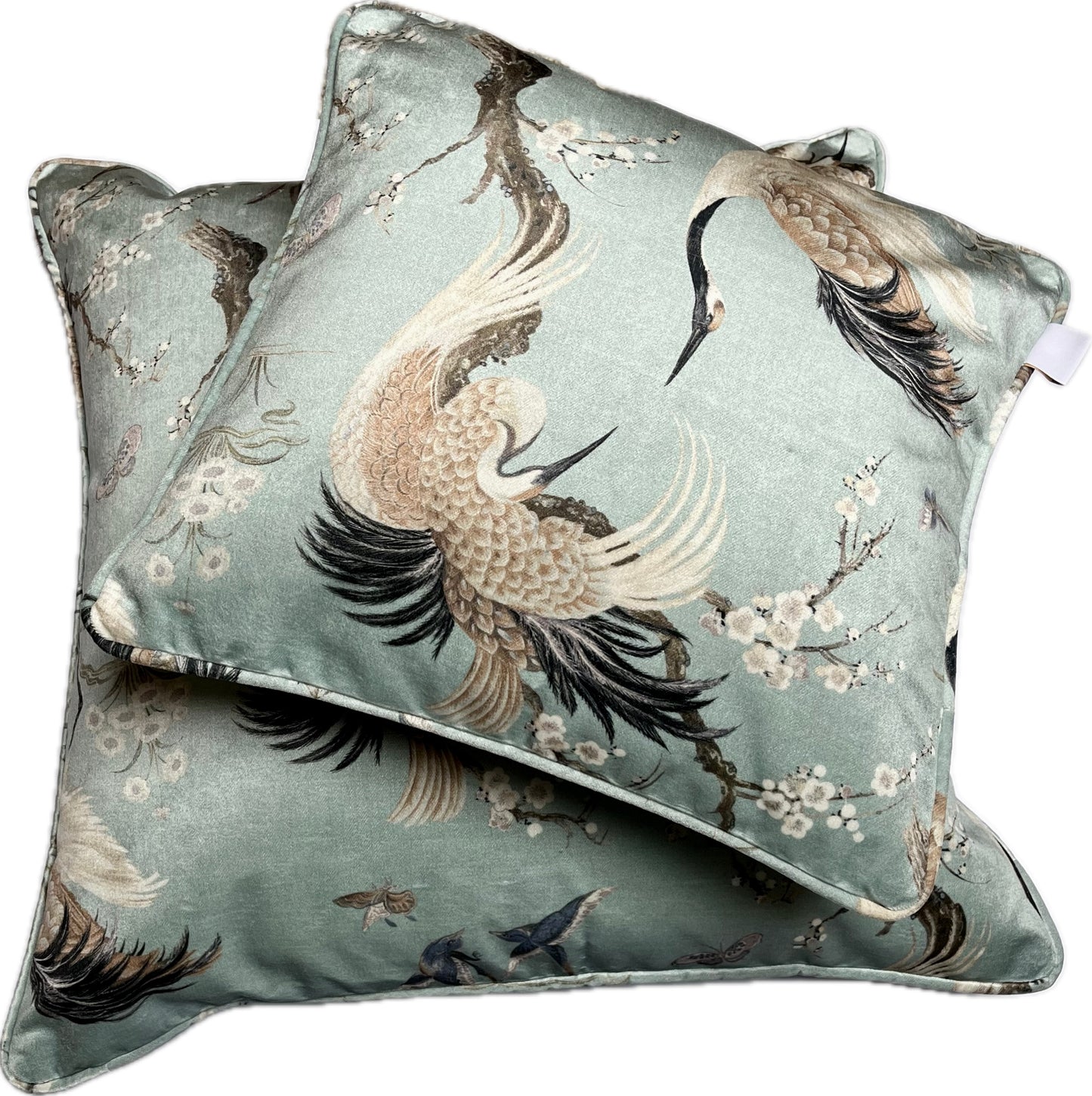 Mamoritai, small cushion cover in Duck egg blue and sand printed on velvet. Crane birds in the chinoiserie style