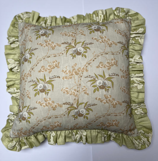 Emily's Bouquet and Dancing Alice in Pearl. Reversible small cushion cover with Summer green frill