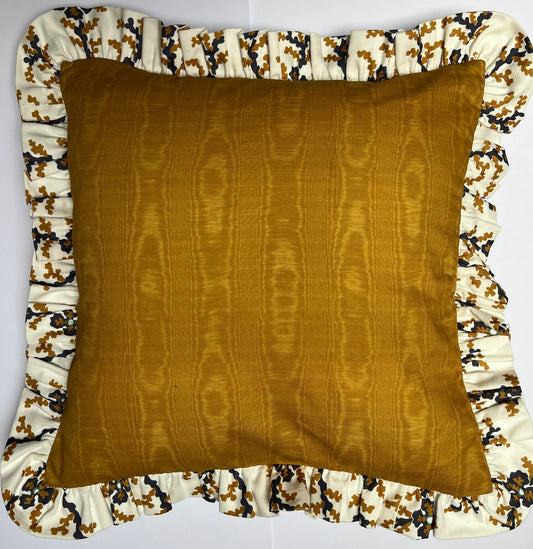 Pressed Fern in charcoal grey with gold moire on reverse. Small frilled cushion cover in cotton