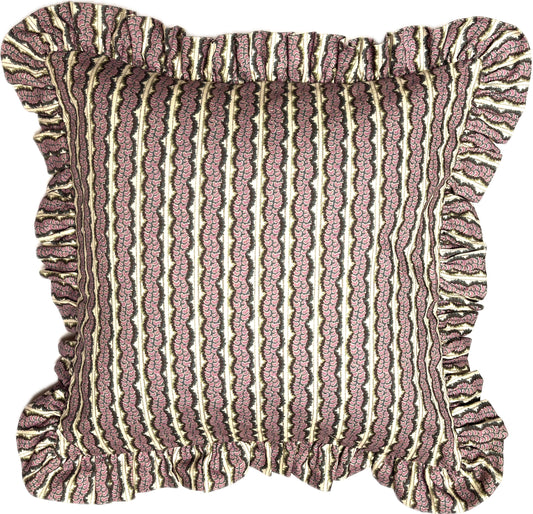 Cameo/Pressed Fern in Jet/Ashen rose colours. Small reversible frilled, cushion cover in cotton