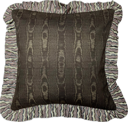 Dancing Alice/Moire in Ashen Rose and Jet colours. Reversible, frilled, small cushion cover in cotton