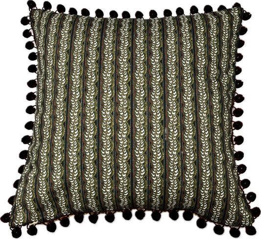 Dancing Alice in gold with Pressed Fern in ink on reverse. Small cushion cover in cotton trimmed with burgundy pompoms