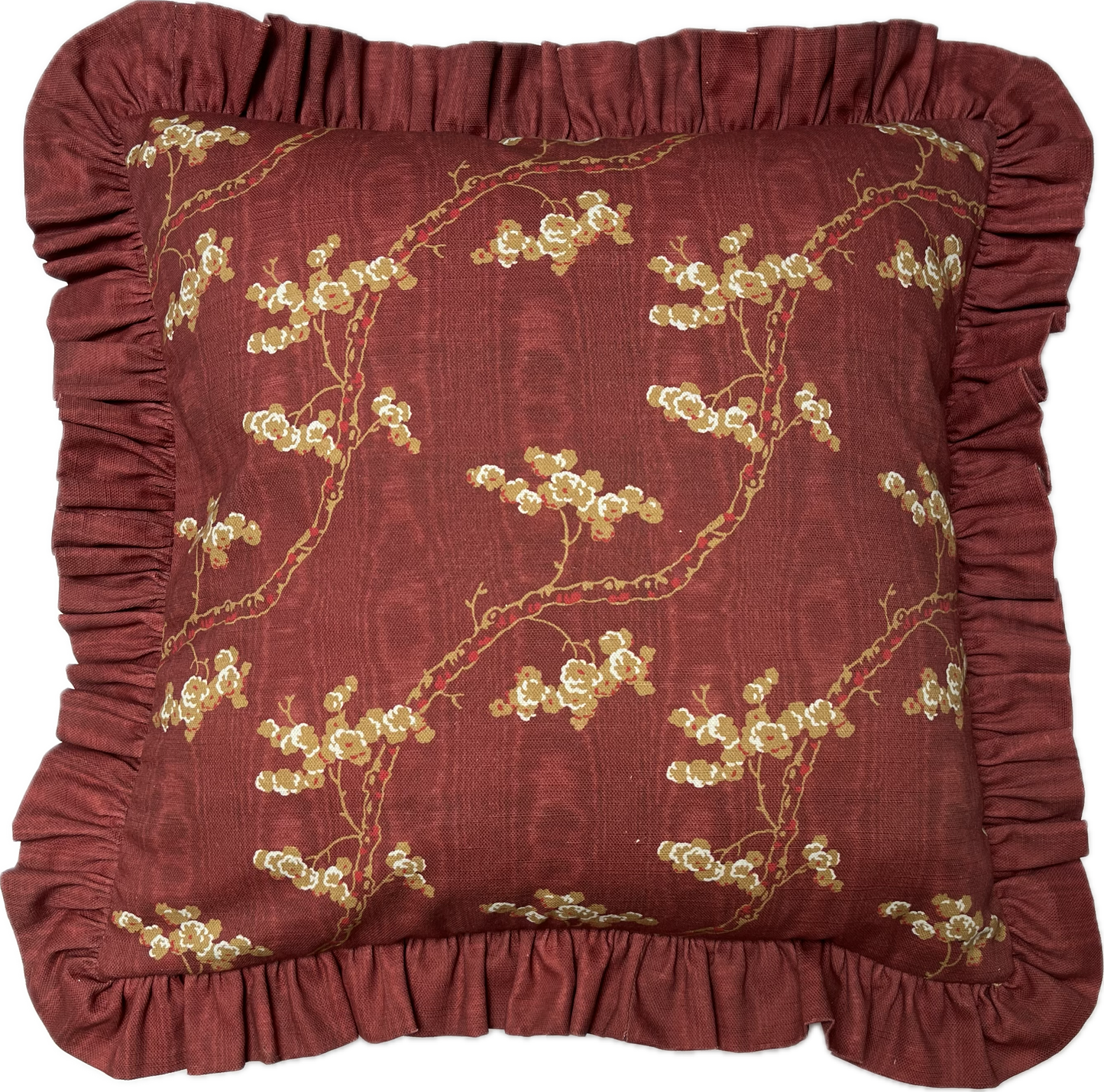 Emily's Bouquet and Dancing Alice in Madder red. Small reversible frilled cushion in cotton.