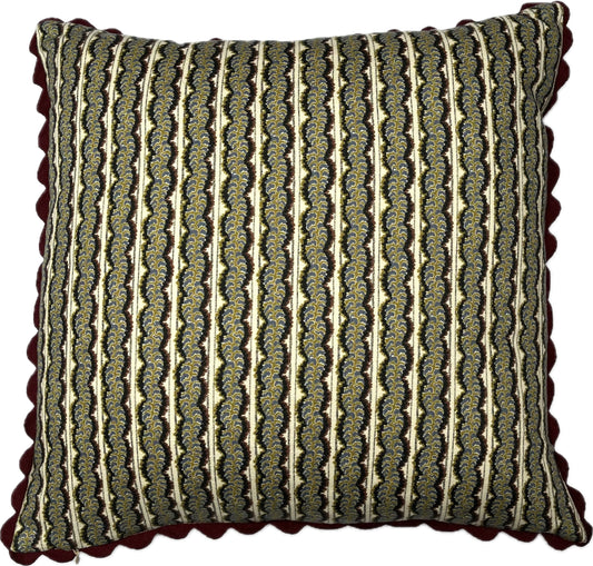 Cameo/Pressed Fern in Ink. Reversible small cushion cover in cotton trimmed with burgundy rice rac