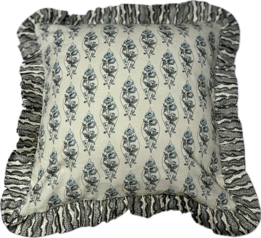 Victorias Dress/Cameo in French Grey. Reversible frilled cushion cover in cotton. Frill in Pressed Fern