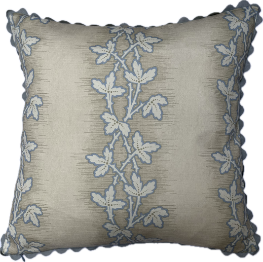 Lunds Leaf in Chambray blue, reversible small cushion cover trimmed in grey ric rac