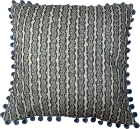 Dancing Alice in blue with Pressed Fern in french grey on reverse, small cushion cover trimmed with blue pom pops