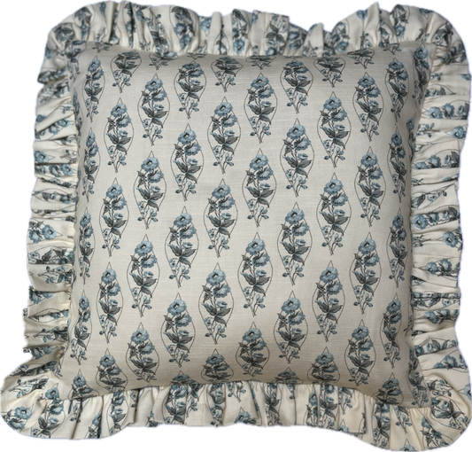 Emily's Bouquet/Cameo in blue/french grey, reversable small frilled cushion cover