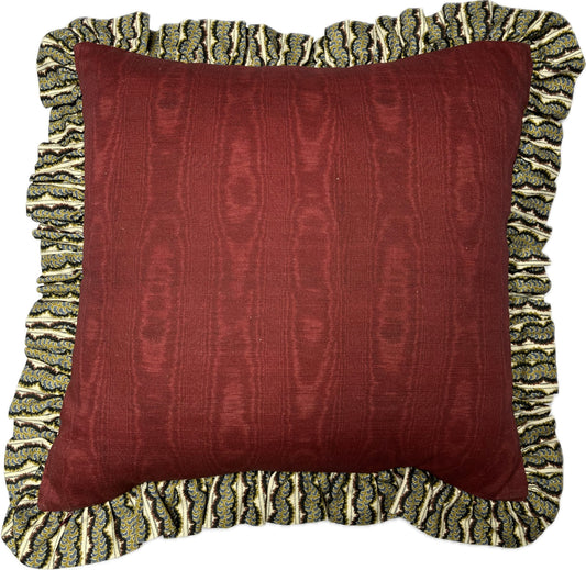 Victoria's Dress reversible, frilled cushion cover. Burgundy moire on reverse and pressed fern frill in cotton