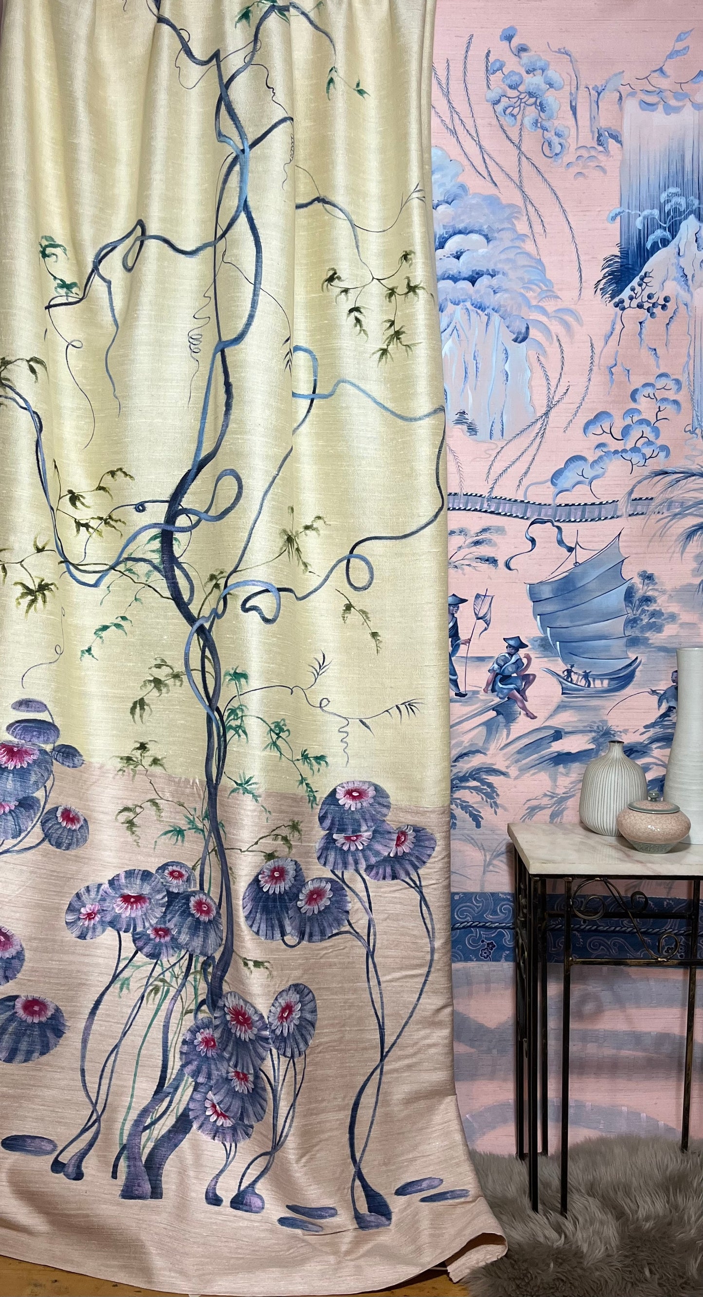 Clarice, Large hand painted silk panel, inspired by art deco stylised florals with a Japanese twist