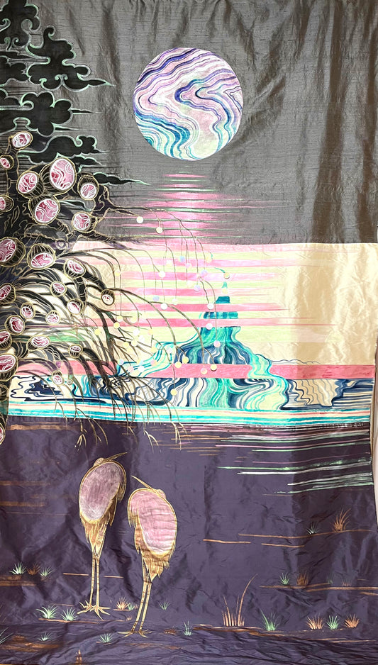 Hokusai Moon, Large hand painted silk panel, A moonlit scene Inspired by the Japanese artist & mixed with bold paint and paillettes