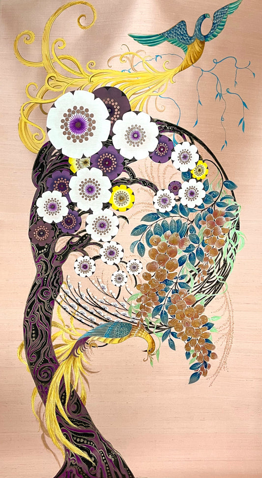 Cherry Blossom, Large hand painted silk wallpaper panel, Exploring and stretching the Dynamic Chinoiserie  theme