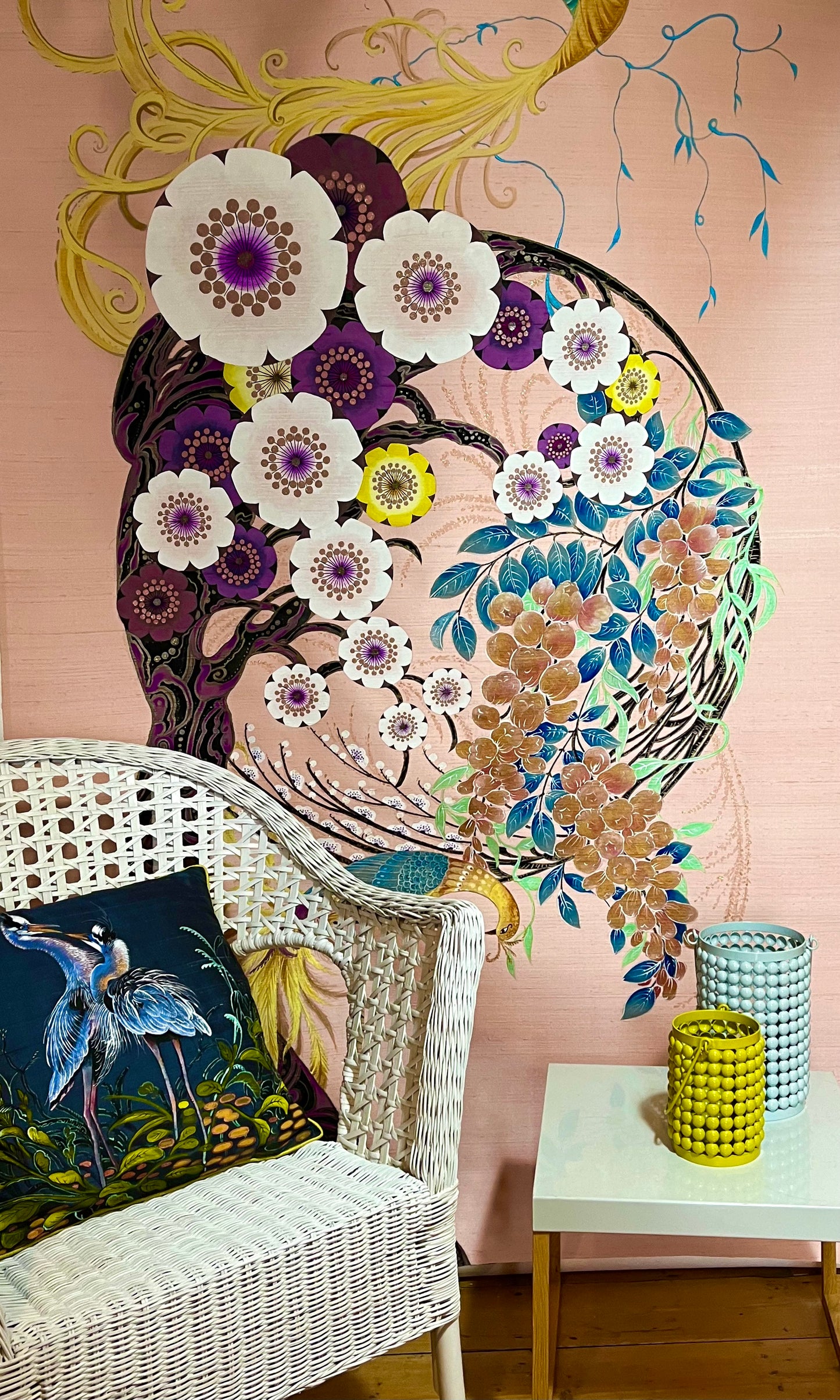 Cherry Blossom, Large hand painted silk wallpaper panel, Exploring and stretching the Dynamic Chinoiserie  theme