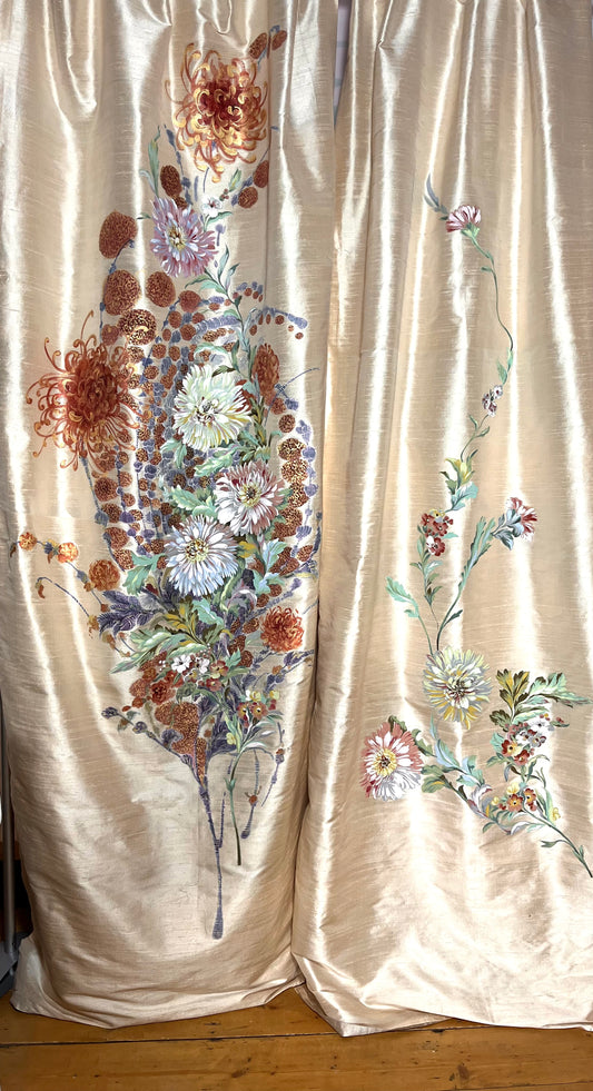Japan Chrysanthemum, a pair of hand painted silk panels, where east meets west, combining 19th century French floral art with a Japanese flourish