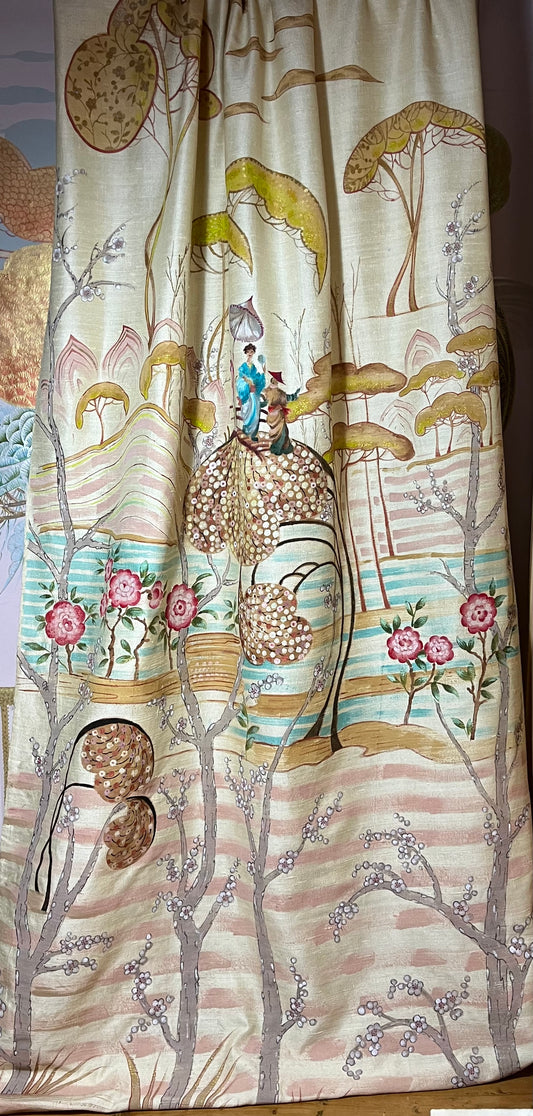 Garden Party, Large hand painted raw silk panel, Art Deco Chinoiserie with a touch of surreal humour.