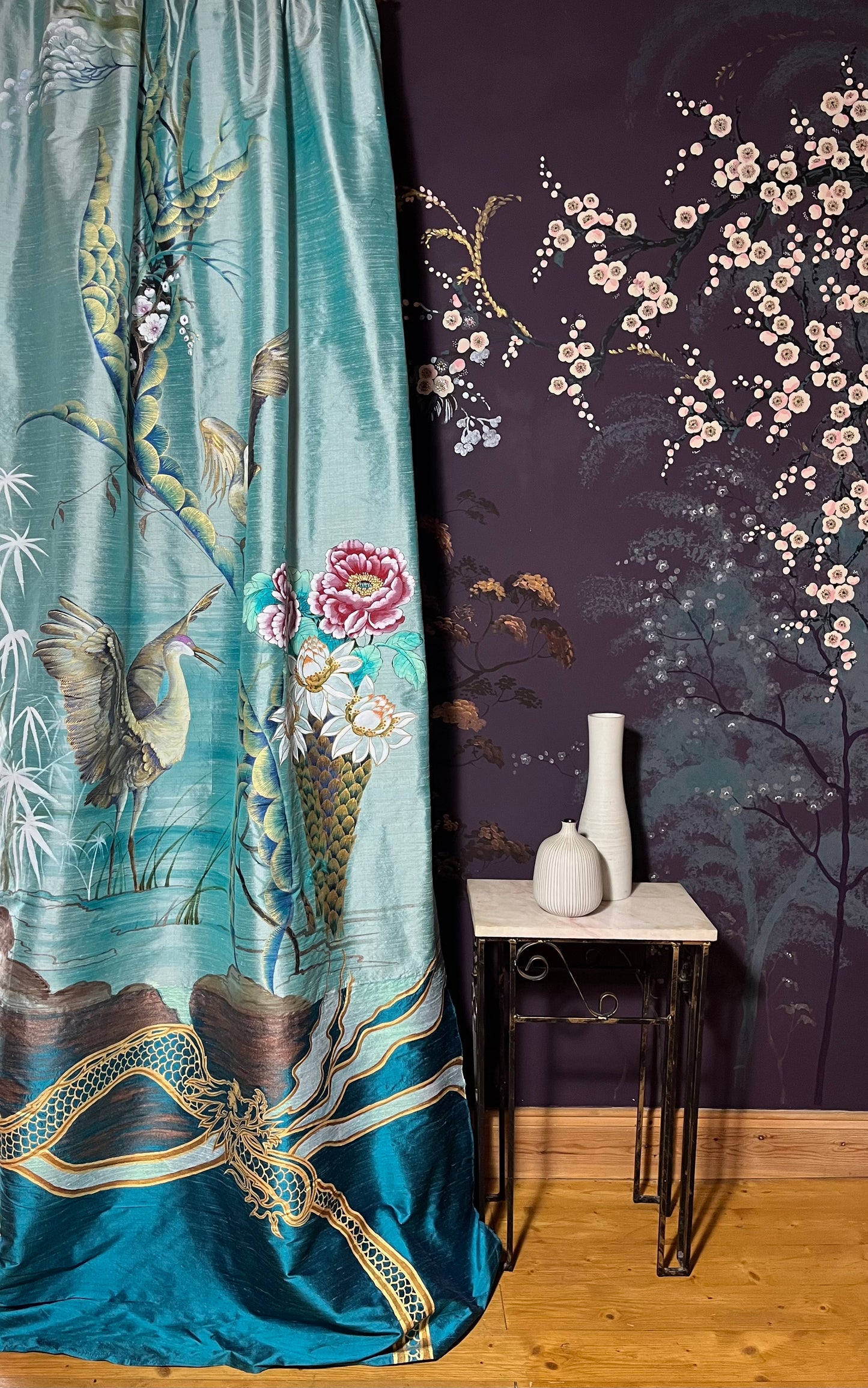 Soaring, Hand painted large silk panel, chinoiserie, style, birds, peonies, bamboo and blossom