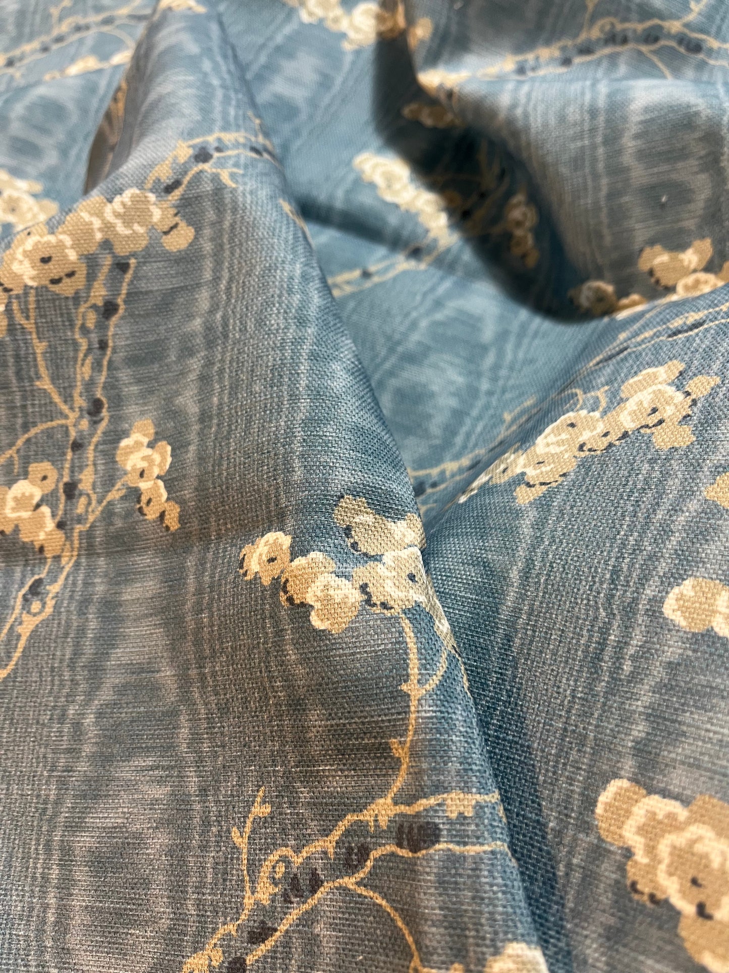 Dancing Alice in blue with Pressed Fern in french grey on reverse, small cushion cover trimmed with blue pom pops